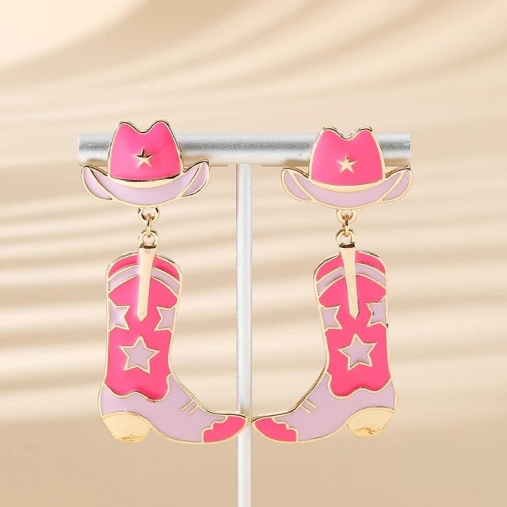Pink, cowboy boot earrings